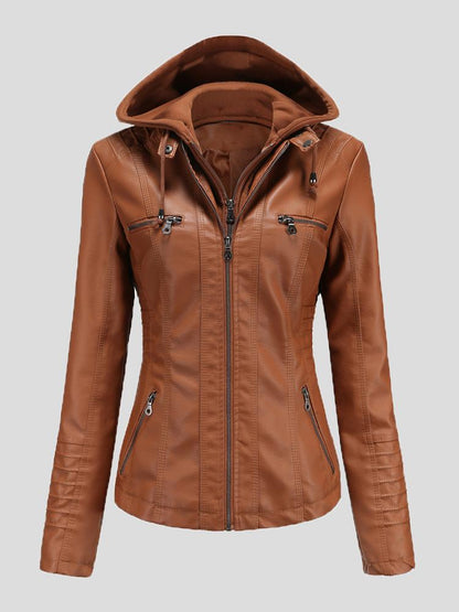 Women's Jackets Hooded Zipper Detachable Pu Leather Jacket - Coats & Jackets - INS | Online Fashion Free Shipping Clothing, Dresses, Tops, Shoes - 27/08/2021 - Coats & Jackets - color-apricot