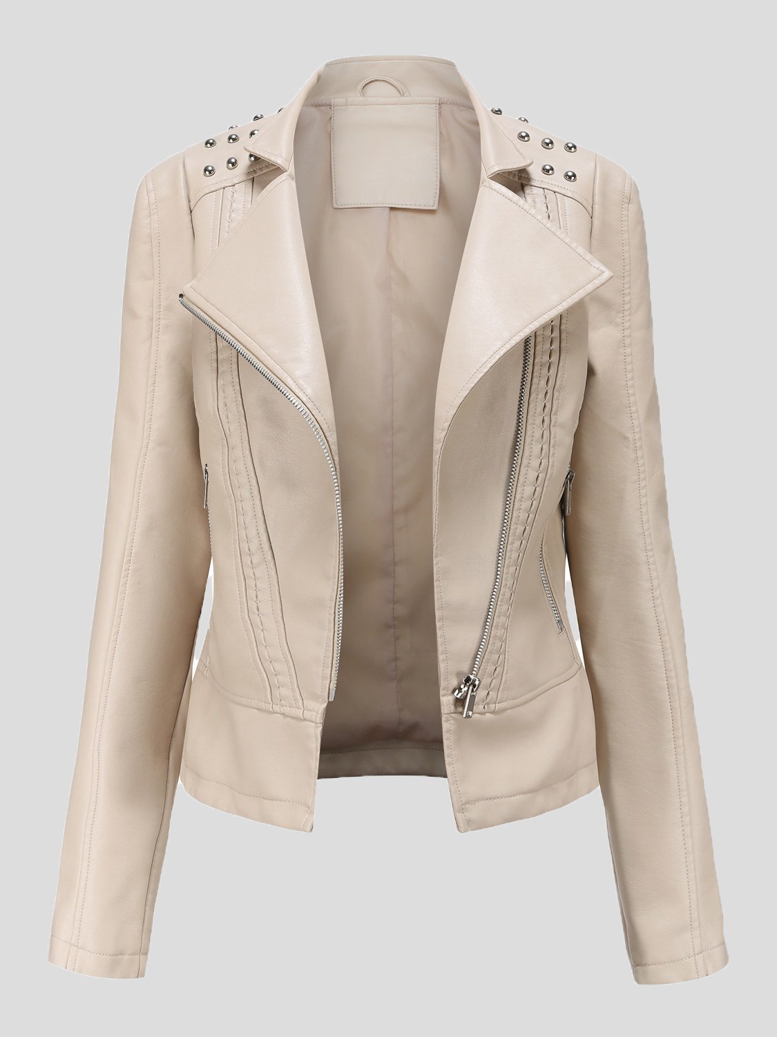 Women's Jackets Studded Zipper Lapel Leather Jacket - Coats & Jackets - INS | Online Fashion Free Shipping Clothing, Dresses, Tops, Shoes - 20/10/2021 - Coats & Jackets - color-beige