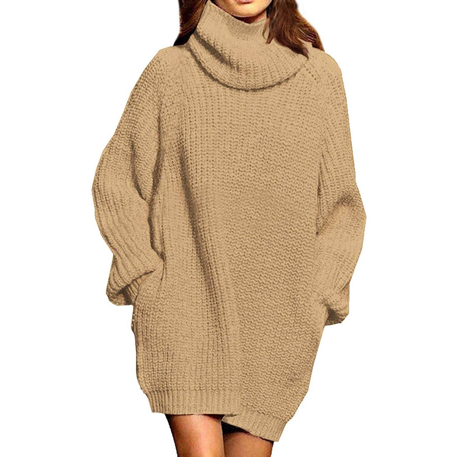 Women's Loose Turtleneck Oversize Long Pullover Sweater Dress Brown __stock:100 casual dresses clothes dresses refund_fee:1200