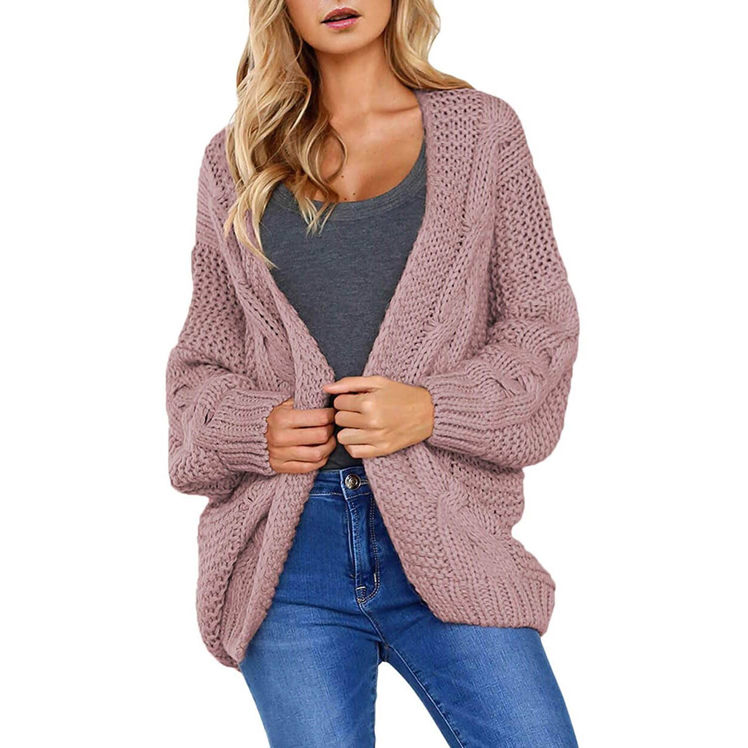 Womens Open Front Long Sleeve Chunky Knit Cardigan Sweaters Loose Outwear Coat Gray __stock:500 Jackets & Coats refund_fee:1200