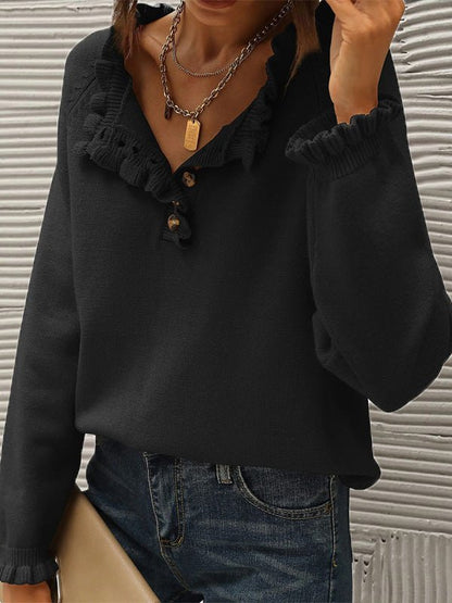 Women's Sweaters Casual Button Ruffle Long Sleeve Sweater - Sweaters - Instastyled | Online Fashion Free Shipping Clothing, Dresses, Tops, Shoes - 25/08/2022 - 40-50 - cardigans-sweaters