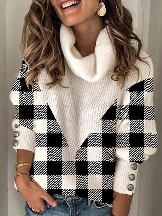 Women's Sweaters Check High Collar Button Pullover Sweater - LuckyFash™