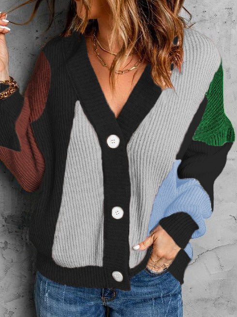 Women's Sweaters Colorblock V-Neck Button Long Sleeve Sweater - LuckyFash™