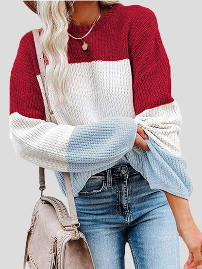 Women's Sweaters Contrasting Color Pullover Lantern Long Sleeve Sweater - LuckyFash™