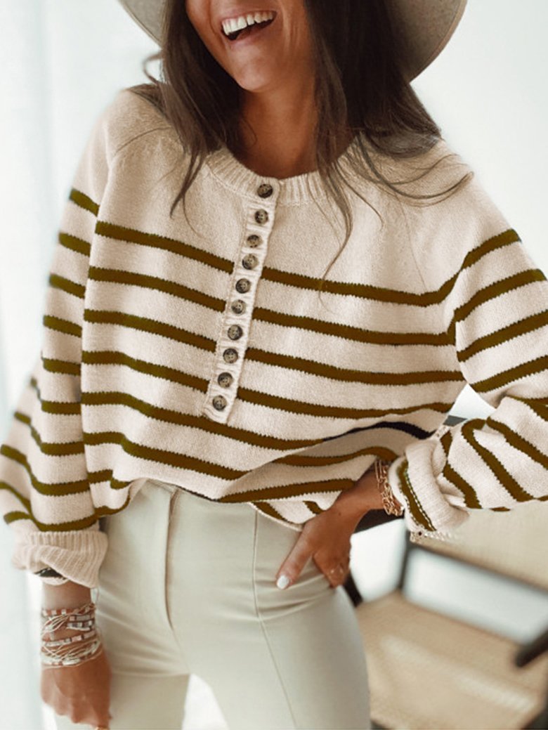 Women's Sweaters Fashion Striped Round Neck Button Sweater - LuckyFash™