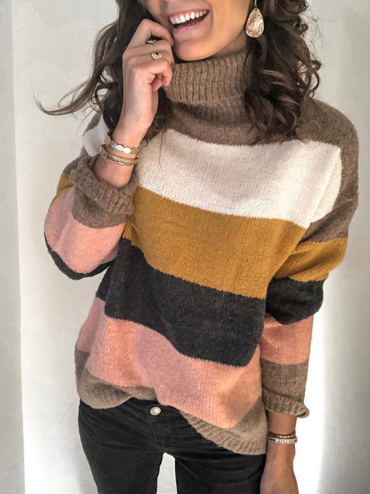 Women's Sweaters High Neck Stitching Striped Knitted Sweater - LuckyFash™