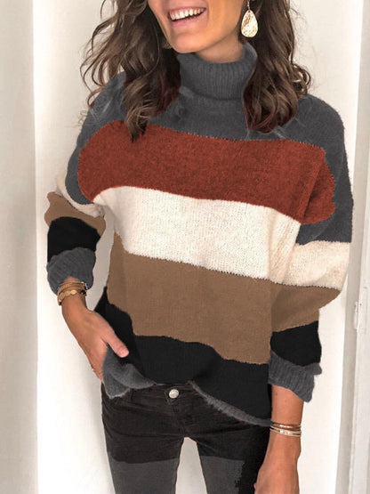 Women's Sweaters High Neck Stitching Striped Knitted Sweater - LuckyFash™