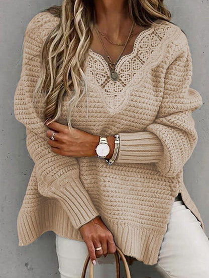 Women's Sweaters Lace Stitching V-Neck Long Sleeve Sweater - Cardigans & Sweaters - Instastyled | Online Fashion Free Shipping Clothing, Dresses, Tops, Shoes - 13/12/2021 - 40-50 - Cardigans & Sweaters