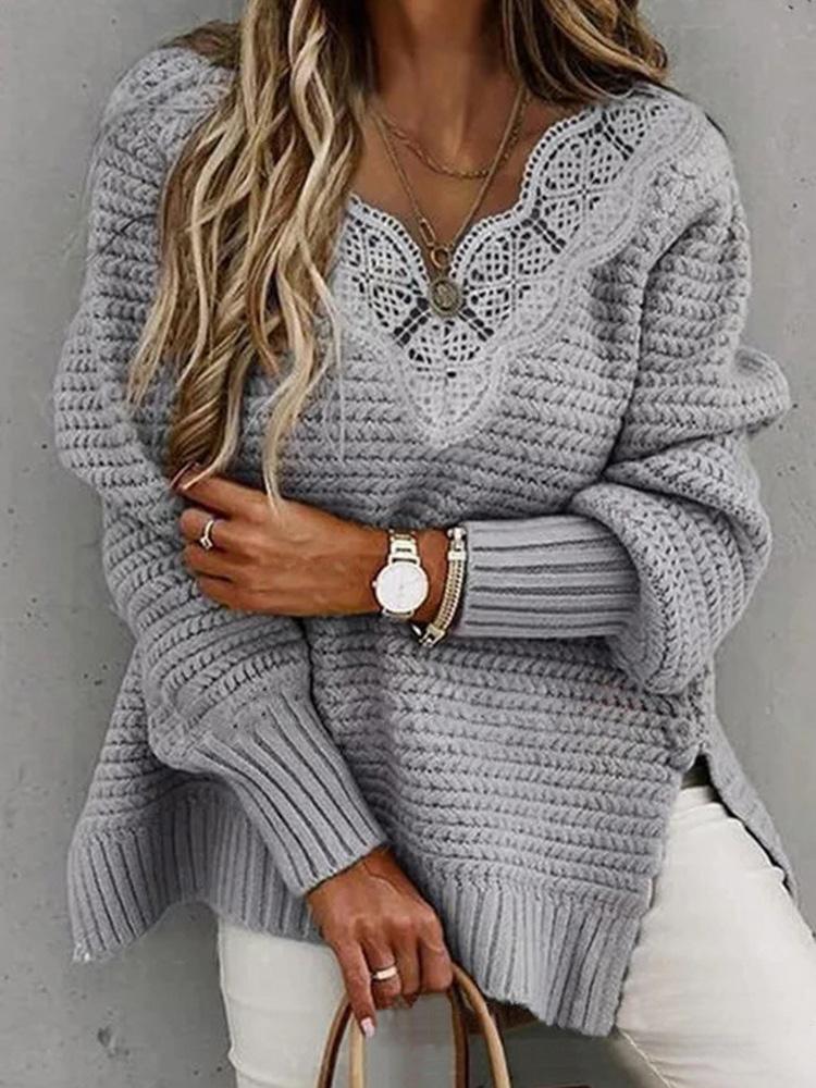 Women's Sweaters Lace Stitching V-Neck Long Sleeve Sweater - Cardigans & Sweaters - Instastyled | Online Fashion Free Shipping Clothing, Dresses, Tops, Shoes - 13/12/2021 - 40-50 - Cardigans & Sweaters