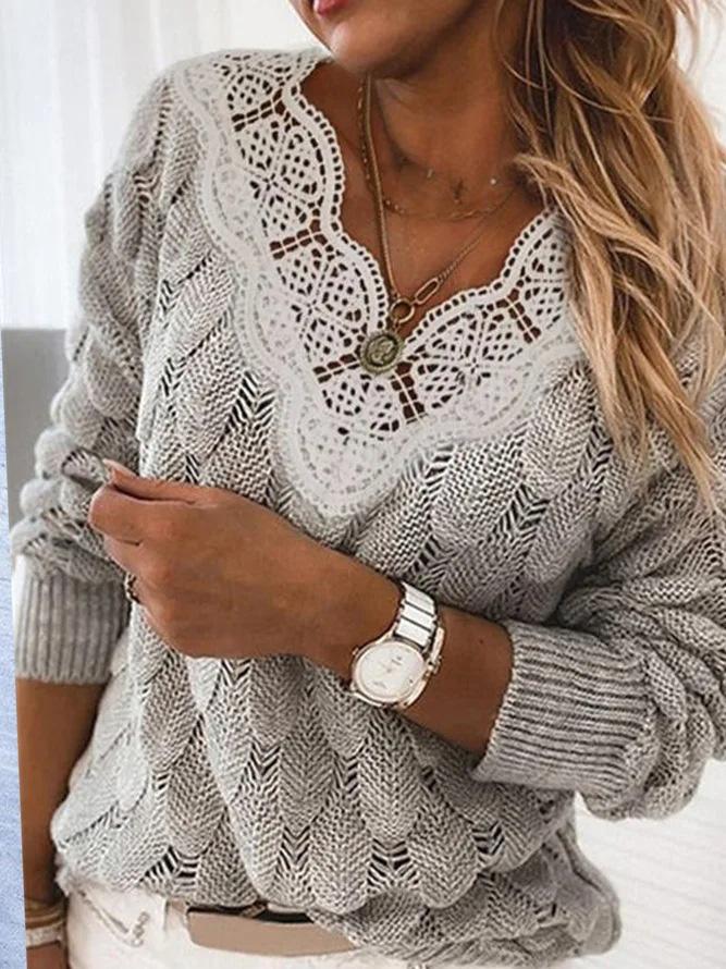 Women's Sweaters Lace V-Neck Hollow Long Sleeve Sweater - LuckyFash™