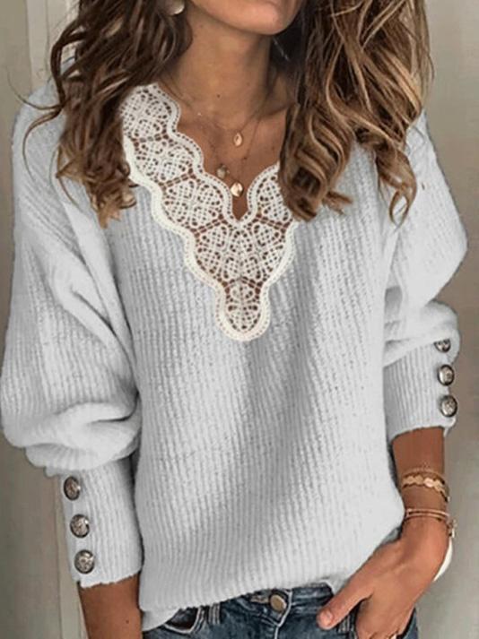 Women's Sweaters Lace V-Neck Loose Long Sleeve Sweater - LuckyFash™