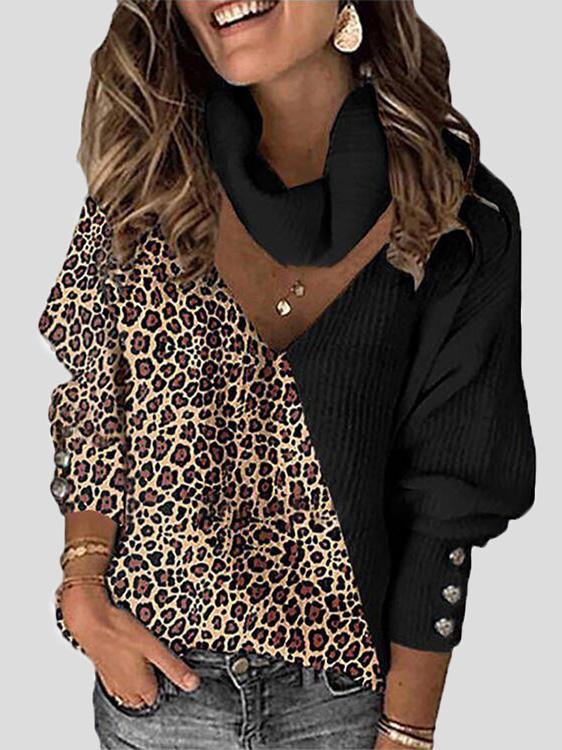 Sweaters Leopard Print Color Block V-Neck Scarf Sweater - LuckyFash™