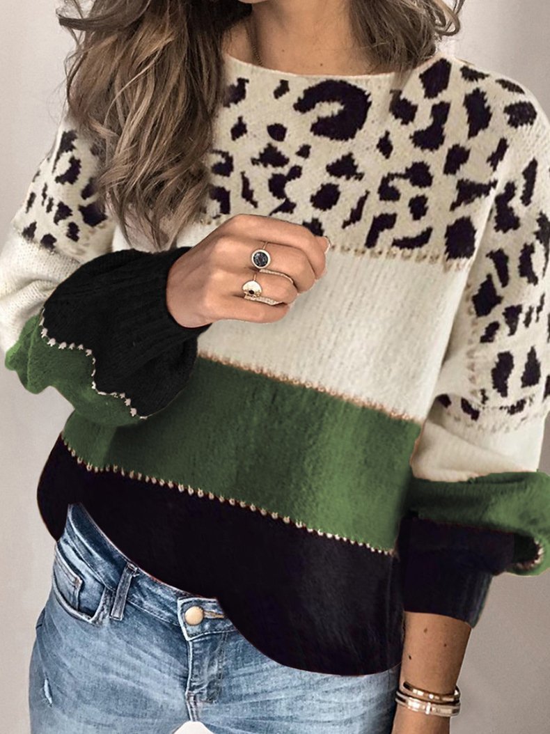 Women's Sweaters Leopard Print Stitching Round Neck Loose Sweater - LuckyFash™