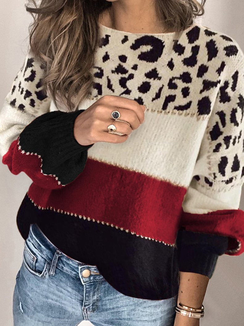 Women's Sweaters Leopard Print Stitching Round Neck Loose Sweater - Cardigans & Sweaters - INS | Online Fashion Free Shipping Clothing, Dresses, Tops, Shoes - 11/10/2021 - 30-40 - Cardigans & Sweaters