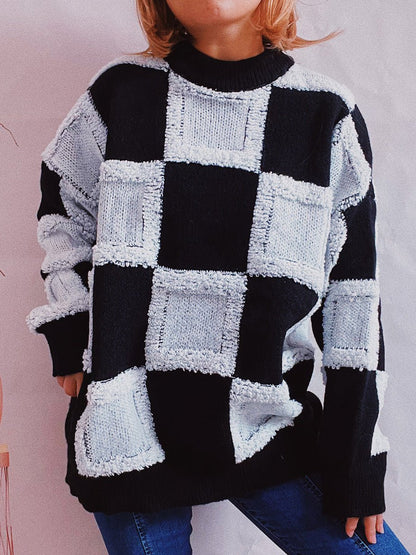 Women's Sweaters Loose Check Crew Neck Long Sleeve Sweater - Sweaters - Instastyled | Online Fashion Free Shipping Clothing, Dresses, Tops, Shoes - 02/09/2022 - 30-40 - cardigans-sweaters