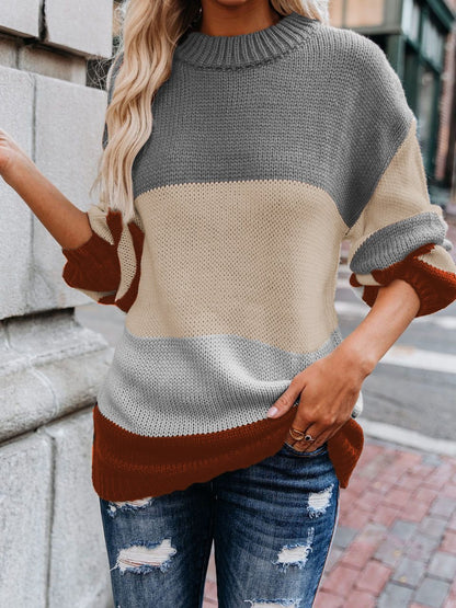 Women's Sweaters Loose OL Round Neck Striped Long Sleeve Sweater - LuckyFash™