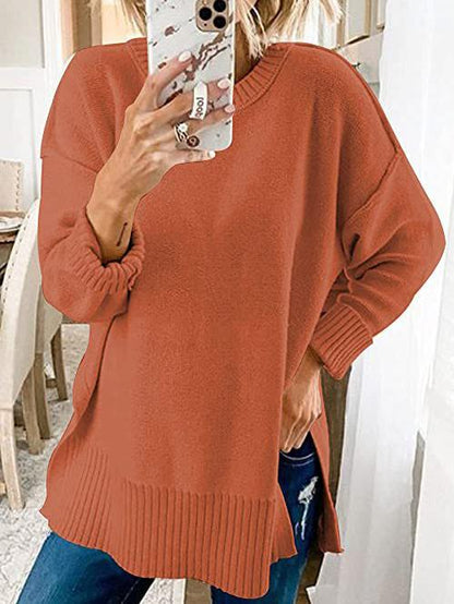 Women's Sweaters Loose Round Neck Long Sleeve Side Slit Sweater - Cardigans & Sweaters - INS | Online Fashion Free Shipping Clothing, Dresses, Tops, Shoes - 06/11/2021 - 30-40 - Cardigans & Sweaters