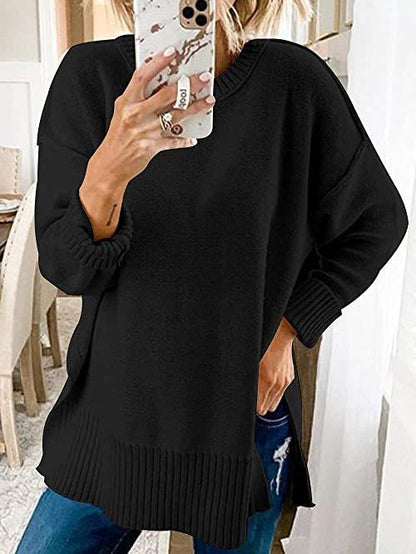 Women's Sweaters Loose Round Neck Long Sleeve Side Slit Sweater - Cardigans & Sweaters - INS | Online Fashion Free Shipping Clothing, Dresses, Tops, Shoes - 06/11/2021 - 30-40 - Cardigans & Sweaters