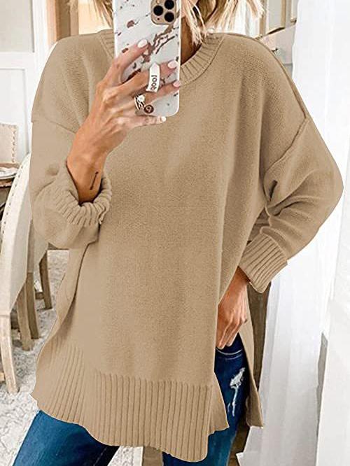 Women's Sweaters Loose Round Neck Long Sleeve Side Slit Sweater - Cardigans & Sweaters - INS | Online Fashion Free Shipping Clothing, Dresses, Tops, Shoes - 06/11/2021 - 30-40 - Cardigans & Sweaters