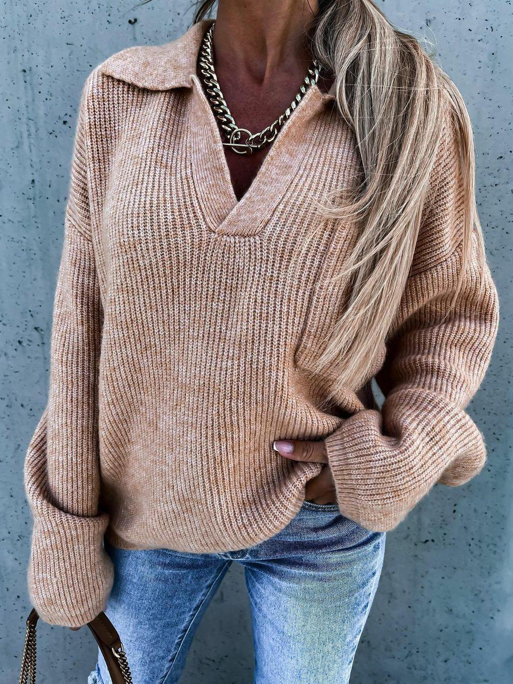 Women's Sweaters Loose V-Neck Pocket Long Sleeve Sweater - LuckyFash™