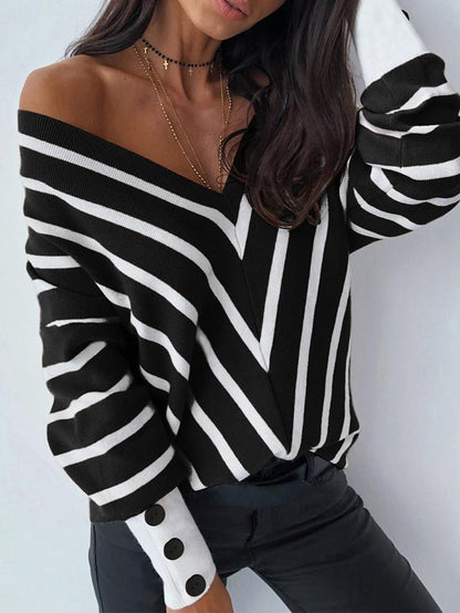 Women's Sweaters Off-The-Shoulder Striped V-Neck Long Sleeve Sweater - LuckyFash™