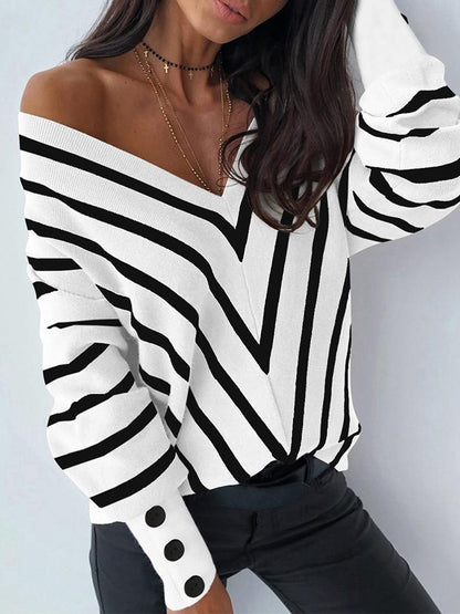 Women's Sweaters Off-The-Shoulder Striped V-Neck Long Sleeve Sweater - LuckyFash™