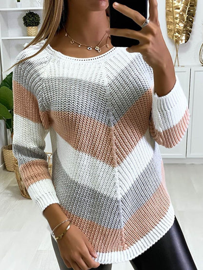 Women's Sweaters Round Neck Color Blocking Irregular Long Sleeve Sweater - Cardigans & Sweaters - INS | Online Fashion Free Shipping Clothing, Dresses, Tops, Shoes - 18/10/2021 - 30-40 - Cardigans & Sweaters