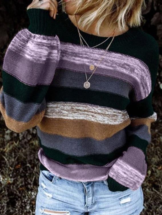 Women's Sweaters Round Neck Contrast Stitching Long Sleeve Striped Knitted Sweater - LuckyFash™