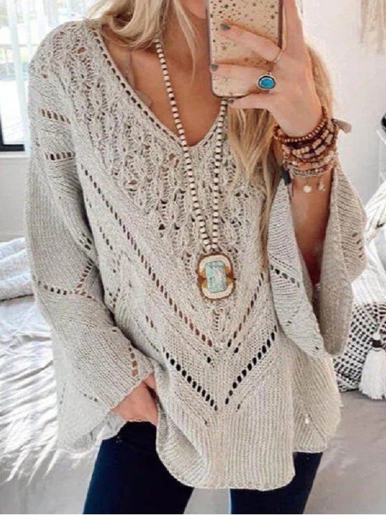 Women's Sweaters Solid V-Neck Hollow Long Sleeve Sweater - LuckyFash™