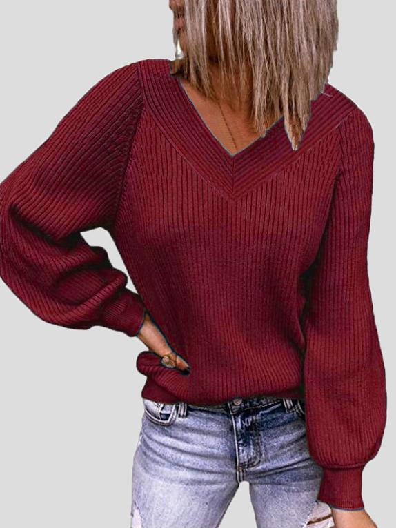 Women's Sweaters Solid V-Neck Pullover Long Sleeve Sweater - LuckyFash™