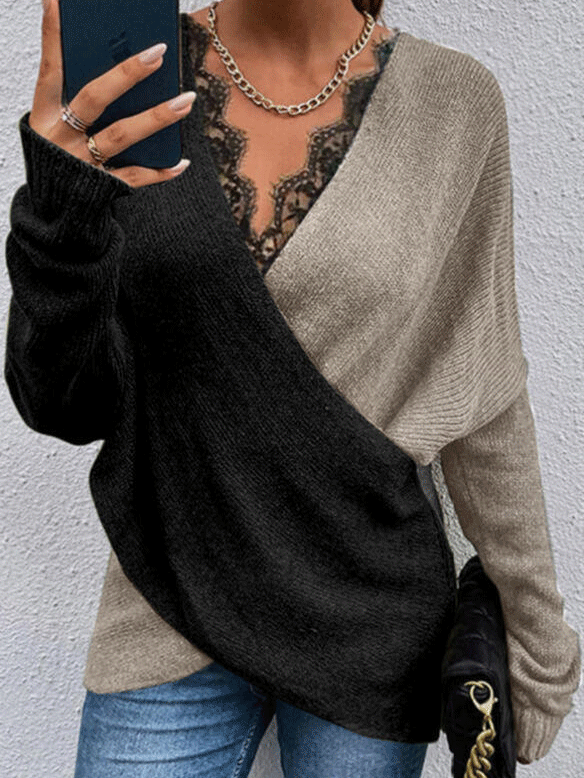 Women's Sweaters Two Color Lace V-Neck Long Sleeve Sweater - LuckyFash™