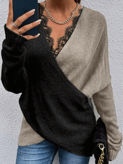 Women's Sweaters Two Color Lace V-Neck Long Sleeve Sweater - LuckyFash™