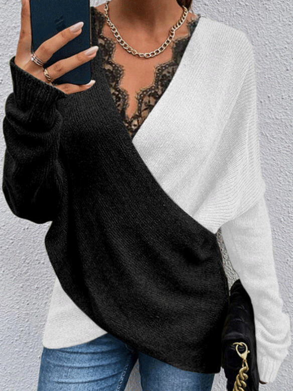 Women's Sweaters Two Color Lace V-Neck Long Sleeve Sweater - LuckyFash™