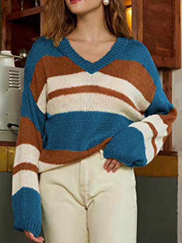 Women's Sweaters V-Neck Color-Block Long Sleeve Knitted Sweater - LuckyFash™