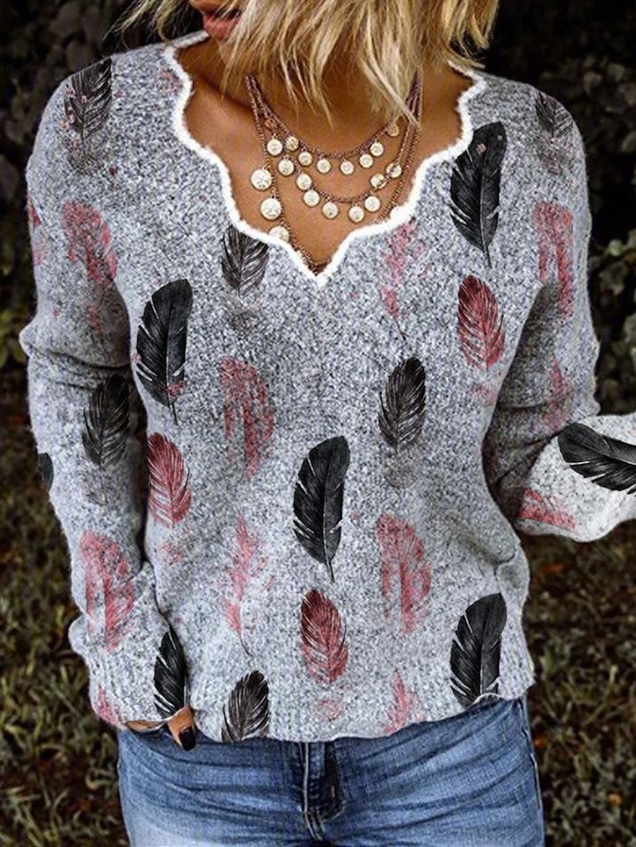 Women's Sweaters V-Neck Feather Print Long Sleeve Sweater - LuckyFash™