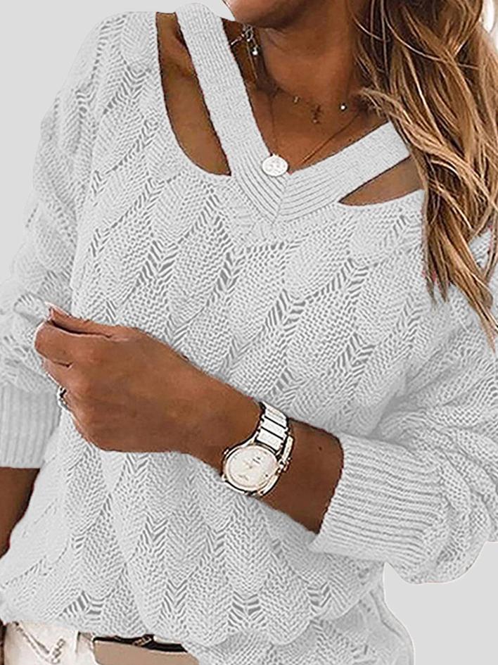 Women's Sweaters V-Neck Hollow Long Sleeve Knitted Sweater - LuckyFash™