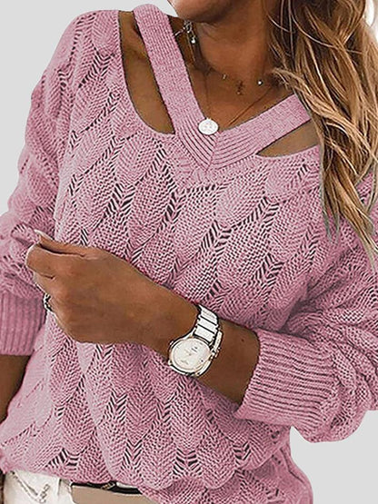 Women's Sweaters V-Neck Hollow Long Sleeve Knitted Sweater - LuckyFash™