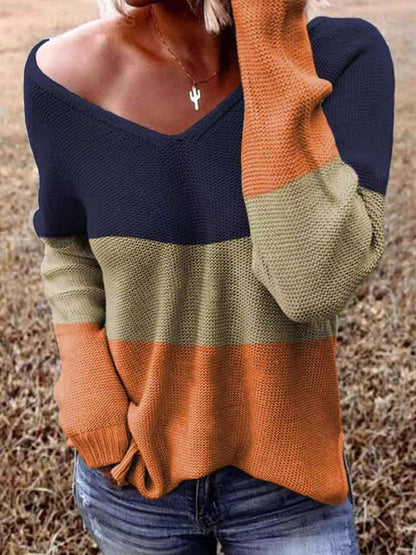 Women's Sweaters V-Neck Long Sleeve Striped Knitted Sweater - MsDressly