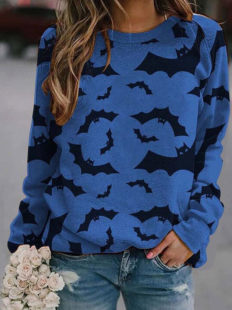 T-Shirts - Bat Print Comfortable Round Neck Long Sleeve T-Shirts - MsDressly