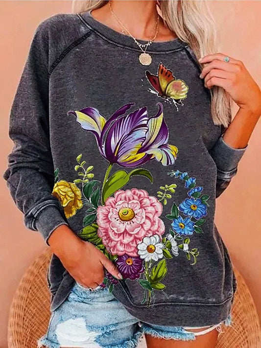 Women's T-Shirts Flower Butterfly Round Neck Long Sleeve T-Shirt - T-Shirts - INS | Online Fashion Free Shipping Clothing, Dresses, Tops, Shoes - 20-30 - 28/09/2021 - color-blue