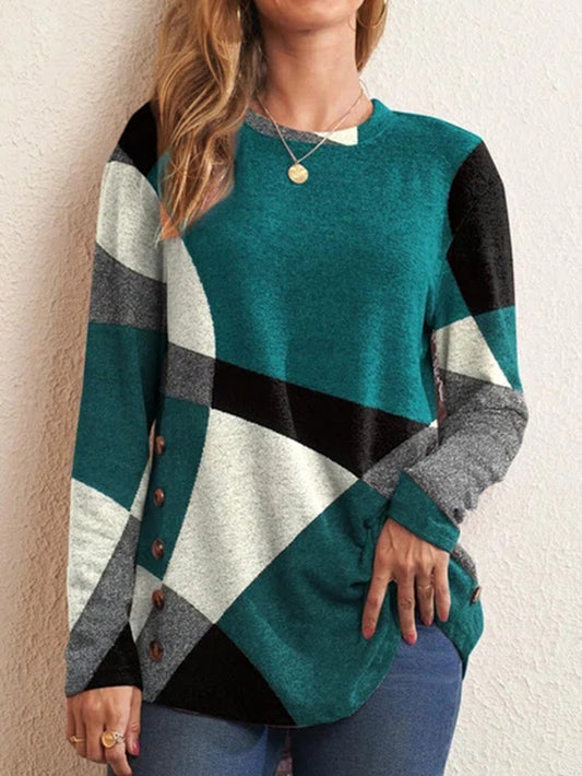 Women's T-Shirts Geometric Contrast Print Buttoned Long Sleeve T-Shirt - T-Shirts - Instastyled | Online Fashion Free Shipping Clothing, Dresses, Tops, Shoes - 20-30 - 29/12/2021 - color-blue