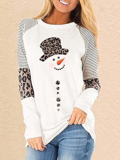 Women's T-Shirts Leopard Snowman Print Round Neck Long Sleeve T-Shirt - T-Shirts - INS | Online Fashion Free Shipping Clothing, Dresses, Tops, Shoes - 10-20 - 16/11/2021 - color-blue