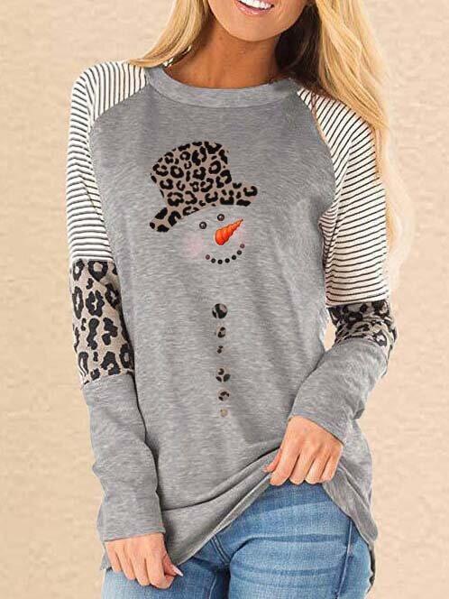 Women's T-Shirts Leopard Snowman Print Round Neck Long Sleeve T-Shirt - T-Shirts - INS | Online Fashion Free Shipping Clothing, Dresses, Tops, Shoes - 10-20 - 16/11/2021 - color-blue