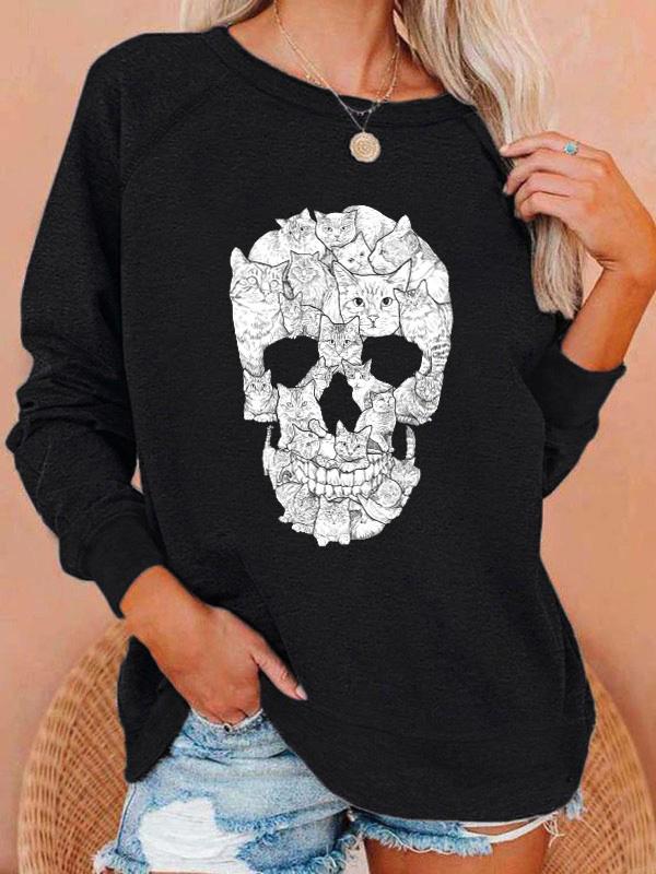 Women's T-Shirts Skull Print Round Neck Long Sleeve T-Shirts - T-Shirts - INS | Online Fashion Free Shipping Clothing, Dresses, Tops, Shoes - 20-30 - Category_T-Shirts - color-black