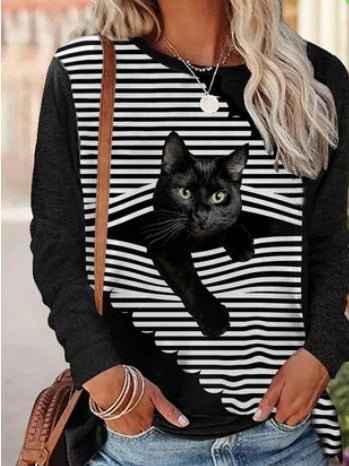 Women's T-Shirts Striped Cat Print Crew Neck Long Sleeve T-Shirt - T-Shirts - Instastyled | Online Fashion Free Shipping Clothing, Dresses, Tops, Shoes - 20-30 - 27/09/2022 - color-black