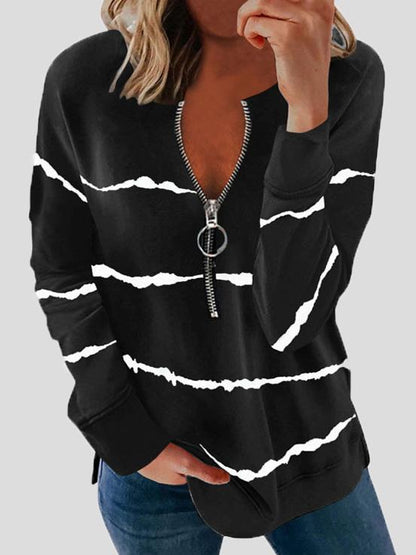 Women's T-Shirts Striped Zipper V-Neck Long Sleeve Loose T-Shirt - T-Shirts - INS | Online Fashion Free Shipping Clothing, Dresses, Tops, Shoes - 10-20 - 10/08/2021 - Category_T-Shirts