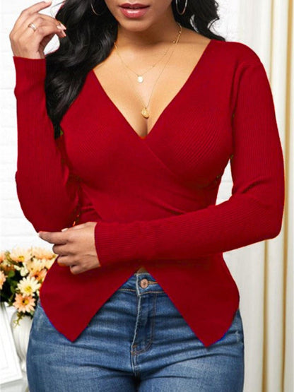 Women's T-Shirts V-Neck Crossover Slim Long Sleeve Slit T-Shirts - T-Shirts - Instastyled | Online Fashion Free Shipping Clothing, Dresses, Tops, Shoes - 14/01/2022 - 20-30 - color-black