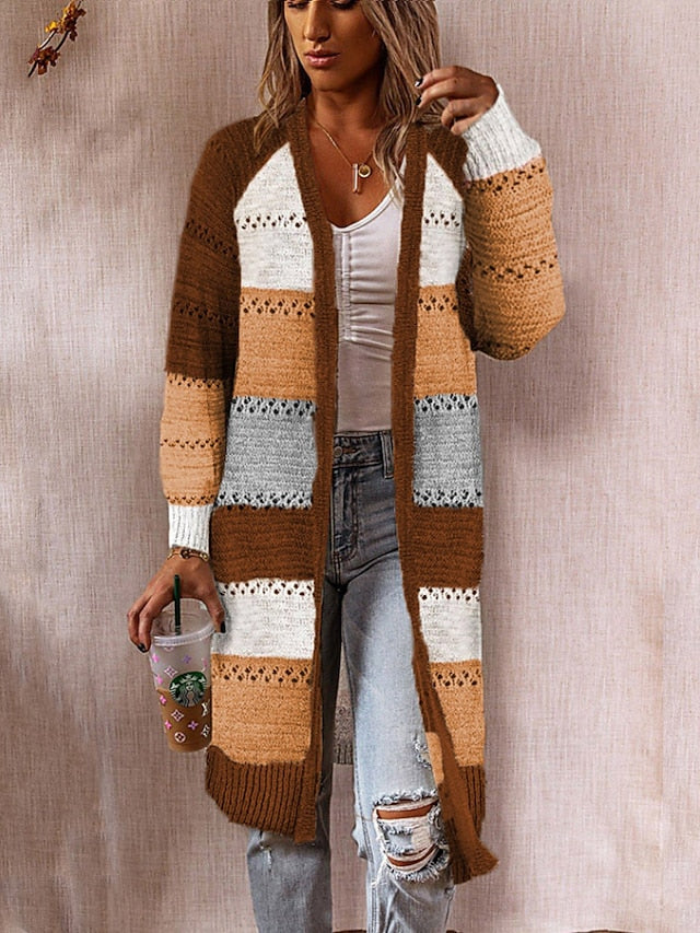 Women's Cardigan Hollow Out Knitted Color Block Stylish Basic Casual Long Sleeve Loose Sweater Cardigans Open Front Fall Spring Black Pink Wine / Holiday / Going out - LuckyFash™