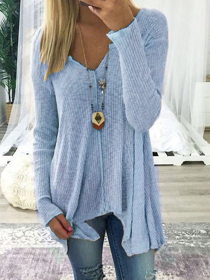 Women's Pullover Sweater Knitted Solid Color Basic Casual Long Sleeve Sweater Cardigans V Neck Fall Winter Spring Blue Blushing Pink Gray - LuckyFash™