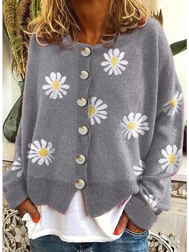 Women's Cardigan Knitted Button Print Floral Daisy Stylish Basic Casual Long Sleeve Regular Fit Sweater Cardigans Open Front Fall Winter Spring Blue Black Gray / Going out - LuckyFash™